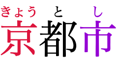 “Kyoto City” written in horizontal Japanese, with phonetic annotations over each of the
   three characters. At 33% of the base font size, annotations are small enough to fit their base
   character, and are aligned to it.