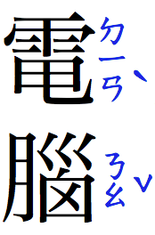 A Chinese word composed of two characters, written vertically. To the right of each
   character, phonetic annotations appear, written vertically.